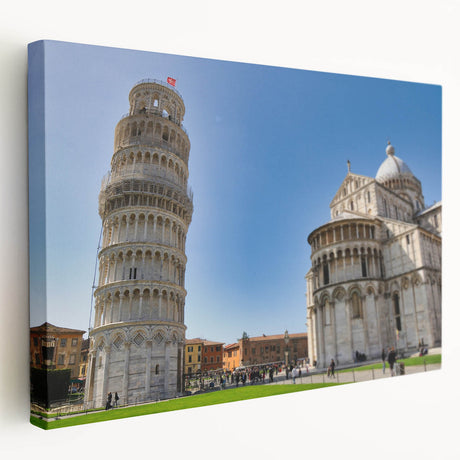 Side view of a stretched canvas featuring the Leaning Tower of Pisa in muted earth tones, ideal for kitchen wall art.