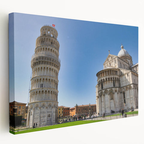 Side view of a stretched canvas featuring the Leaning Tower of Pisa in muted earth tones, ideal for kitchen wall art.