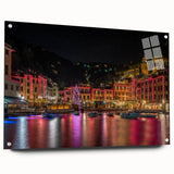 Acrylic print of Portofino, Italy, featuring vibrant coastal hues and detailed architecture, ideal for dining room decor.
