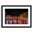 Colorful abstract art print of Portofino scenery, with textured details on a large black-framed canvas.
