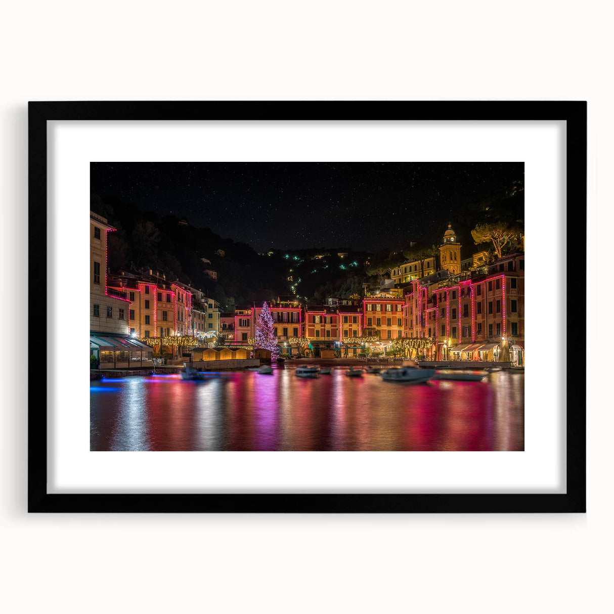 Colorful abstract art print of Portofino scenery, with textured details on a large black-framed canvas.