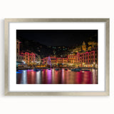 Extra large abstract art print of Portofino, Italy, in vibrant colors on a textured canvas, framed in silver.