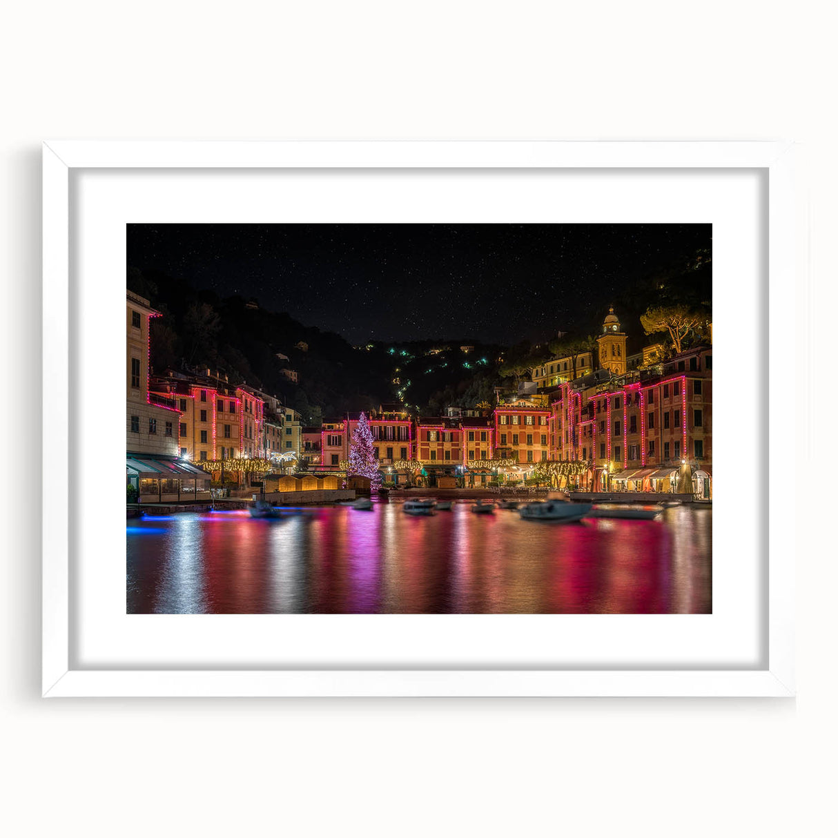 Textured art print of Portofino, Italy, in muted earth tones on a white-framed canvas, suitable for bedroom decor.