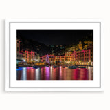 Textured art print of Portofino, Italy, in muted earth tones on a white-framed canvas, suitable for bedroom decor.