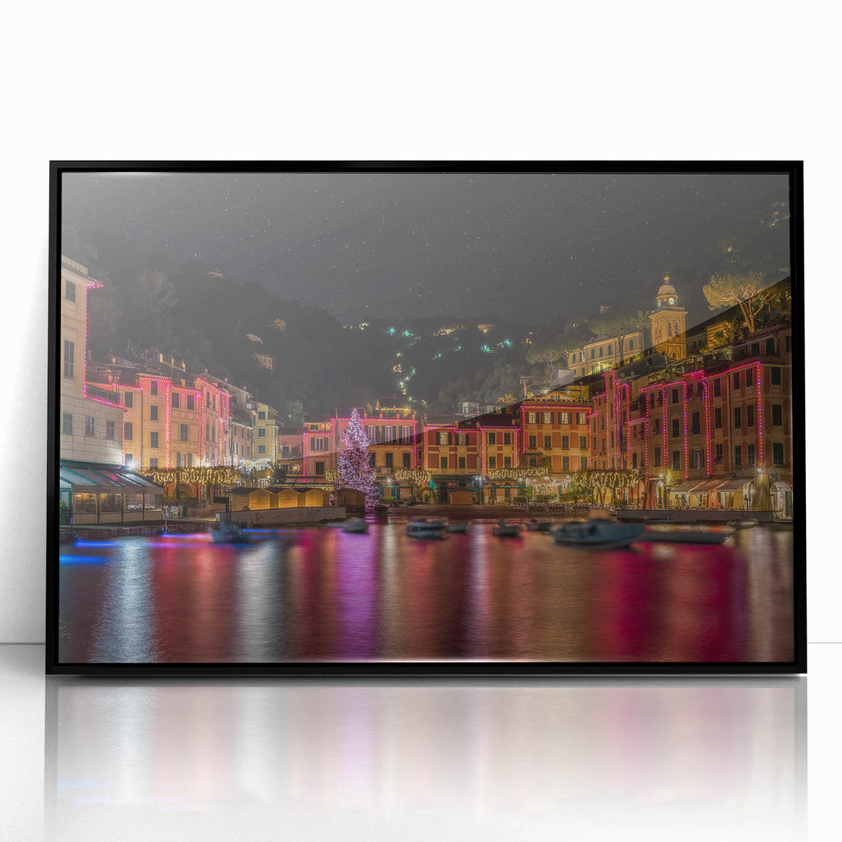 Large abstract wall art depicting the Portofino coast with vibrant blue and green tones on a framed acrylic black.