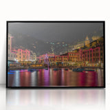 Large abstract wall art depicting the Portofino coast with vibrant blue and green tones on a framed acrylic black.