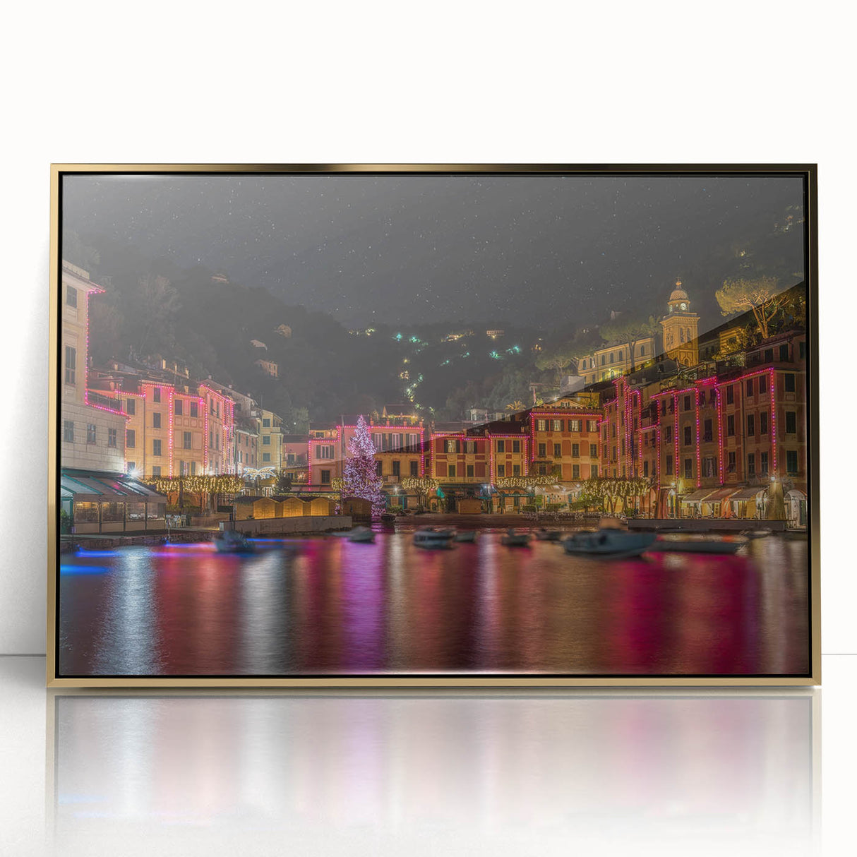 Acrylic print of Portofino, Italy with vibrant blue and green hues in an art deco style, ideal for modern art wall decor.