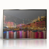 Mid-century modernist art of Portofino, Italy, in acrylic print with muted earth tones, ideal for modern art wall decor.