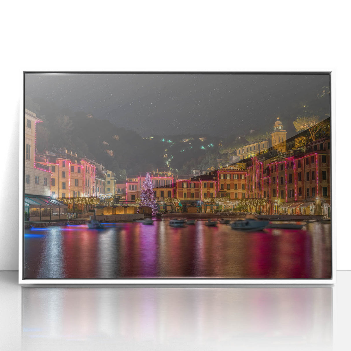 Mid-century modernist art of Portofino, Italy, in acrylic with vibrant blue and green tones, framed.