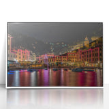 Mid-century modernist art of Portofino, Italy, in acrylic with vibrant blue and green tones, framed.