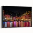 Black and white framed canvas of Portofino landscape, ideal for bedroom wall art in a vintage poster style.