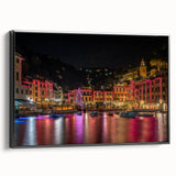 Black and white framed canvas of Portofino landscape, ideal for bedroom wall art in a vintage poster style.