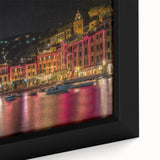 Extra large framed canvas of Portofino scenery in textured black with colorful accents, ideal for living room decor.