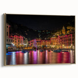 Framed canvas featuring a vintage-style landscape painting of Portofino, Italy, with muted earth tones.