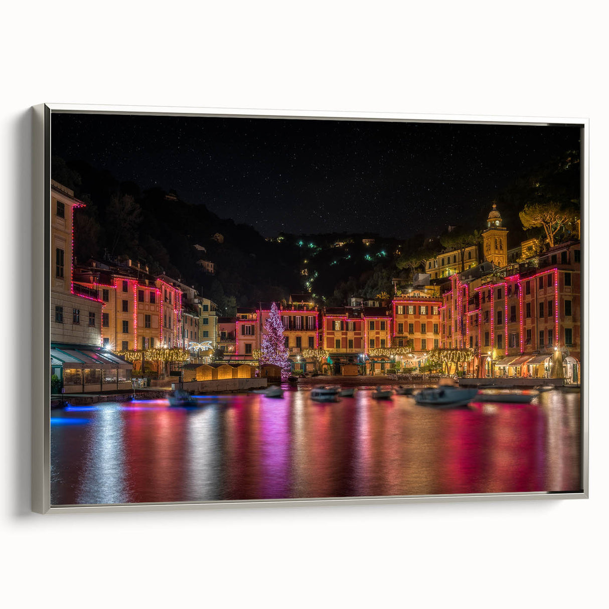 Framed canvas landscape art painting of Portofino, Italy, featuring vibrant colors and vintage poster style.
