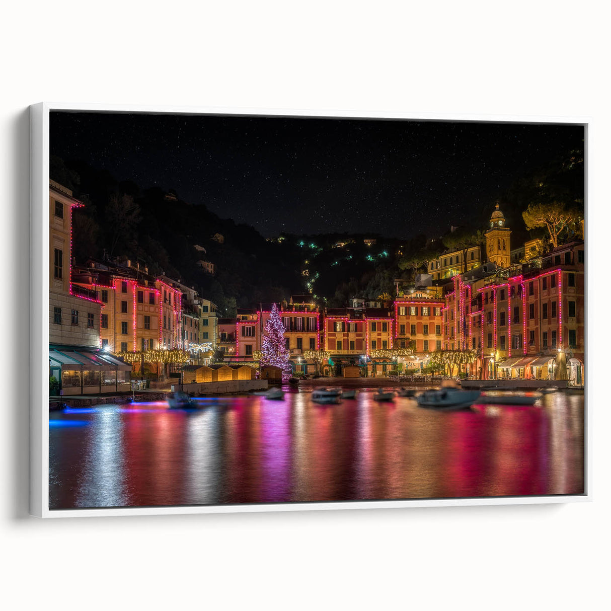 Vintage poster art of Portofino, Italy, featuring colorful buildings on canvas, ideal for living room decor.