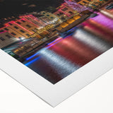 Art deco poster of Portofino, Italy, with vibrant coastal hues on rolled canvas, ideal for dining room wall art.