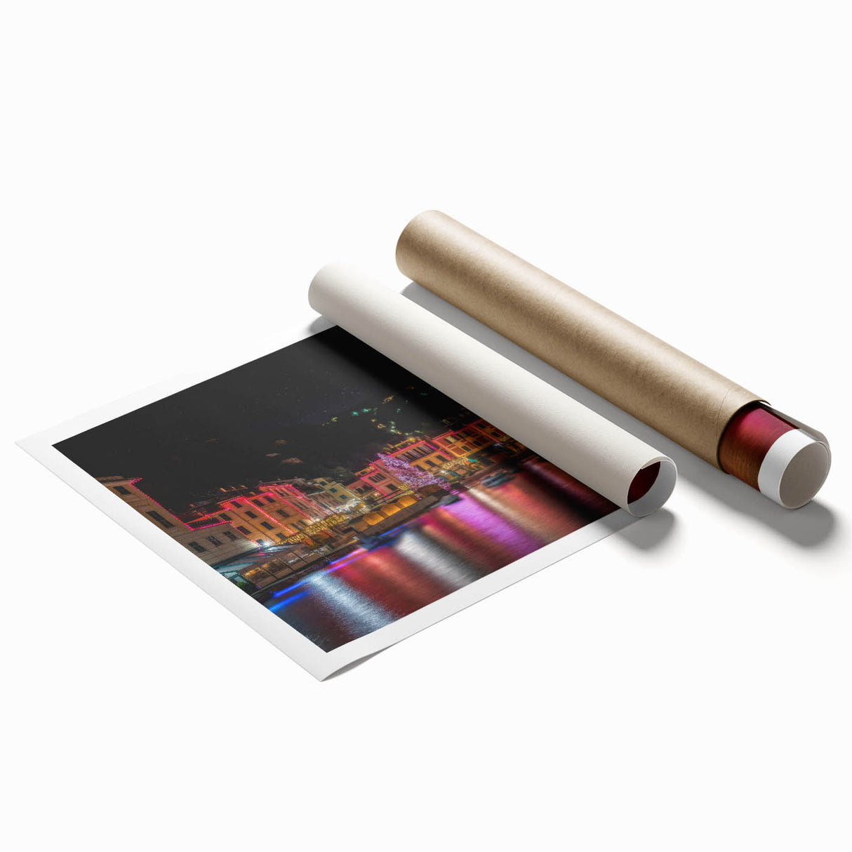Extra large rolled print of Portofino scenery with vibrant floral elements, ideal for classy bathroom wall art.