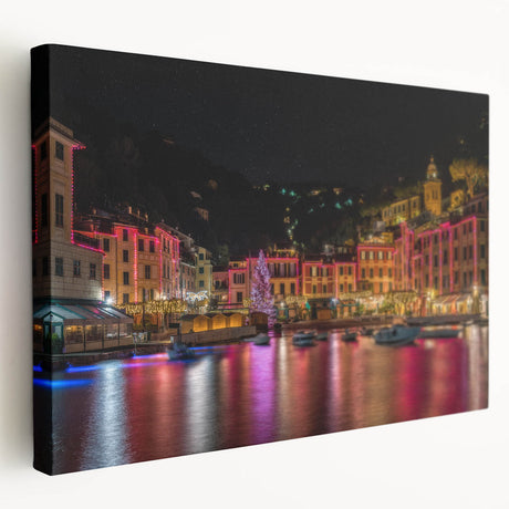 Large art print of Portofino, Italy, featuring vibrant coastal scenery on stretched canvas, ideal for kitchen wall art.