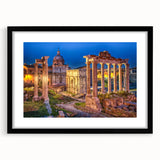 Colorful abstract art print of a textured Rome scenery in a large black frame, suited for living room decor.