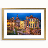 Abstract art print of Rome's skyline in muted gold and blue tones on a framed canvas, suitable for dining room decor.