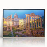 Large art print of Rome's skyline in muted earth tones on a silver-framed acrylic, suitable for modern art wall decor.