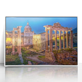 Mid-century modernist art of Rome scenery in muted earth tones on a white framed acrylic, ideal for modern art wall decor.