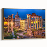 Framed canvas featuring a vintage-style landscape painting of Rome with muted gold and black tones.