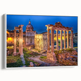 Vintage poster art of Rome with colorful imagery on a large framed canvas, suitable for living room decor.