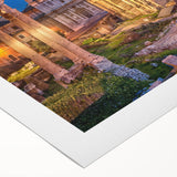 Art deco poster of Rome with muted earth tones on rolled canvas, suitable for dining room wall art.