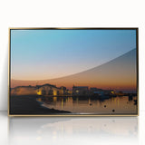 Art deco poster depicting Sicilian landscape in muted gold and green, acrylic print framed in gold.