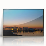 Mid-century modernist art of Sicilian landscape in muted earth tones, framed acrylic, ideal for modern art wall decor.