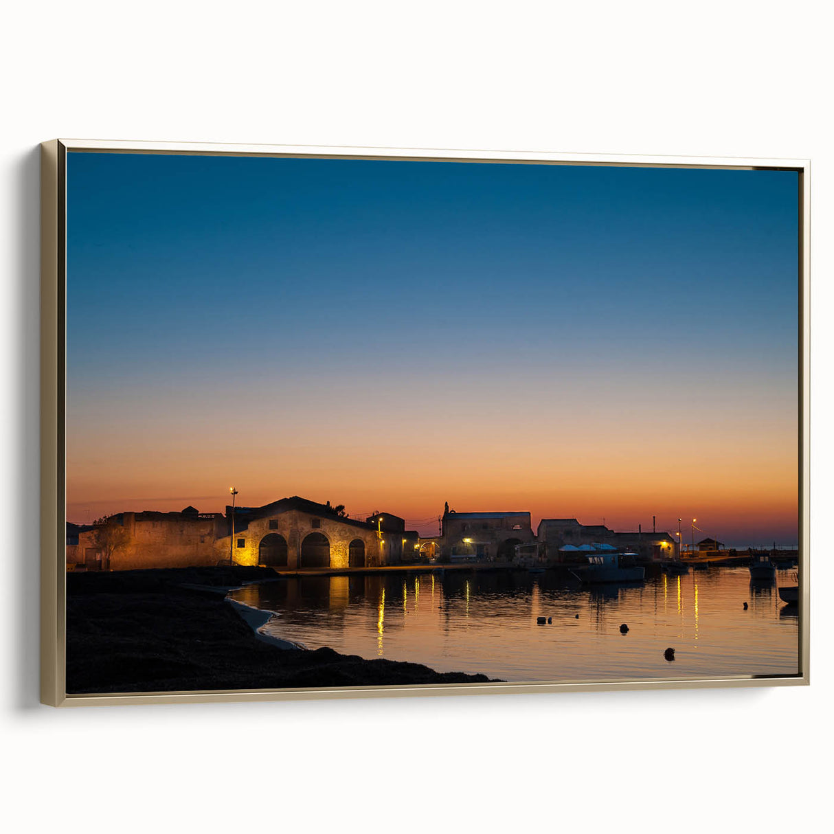 Framed canvas depicting a vintage-style Sicilian landscape in muted earth tones, ideal for bedroom wall art.