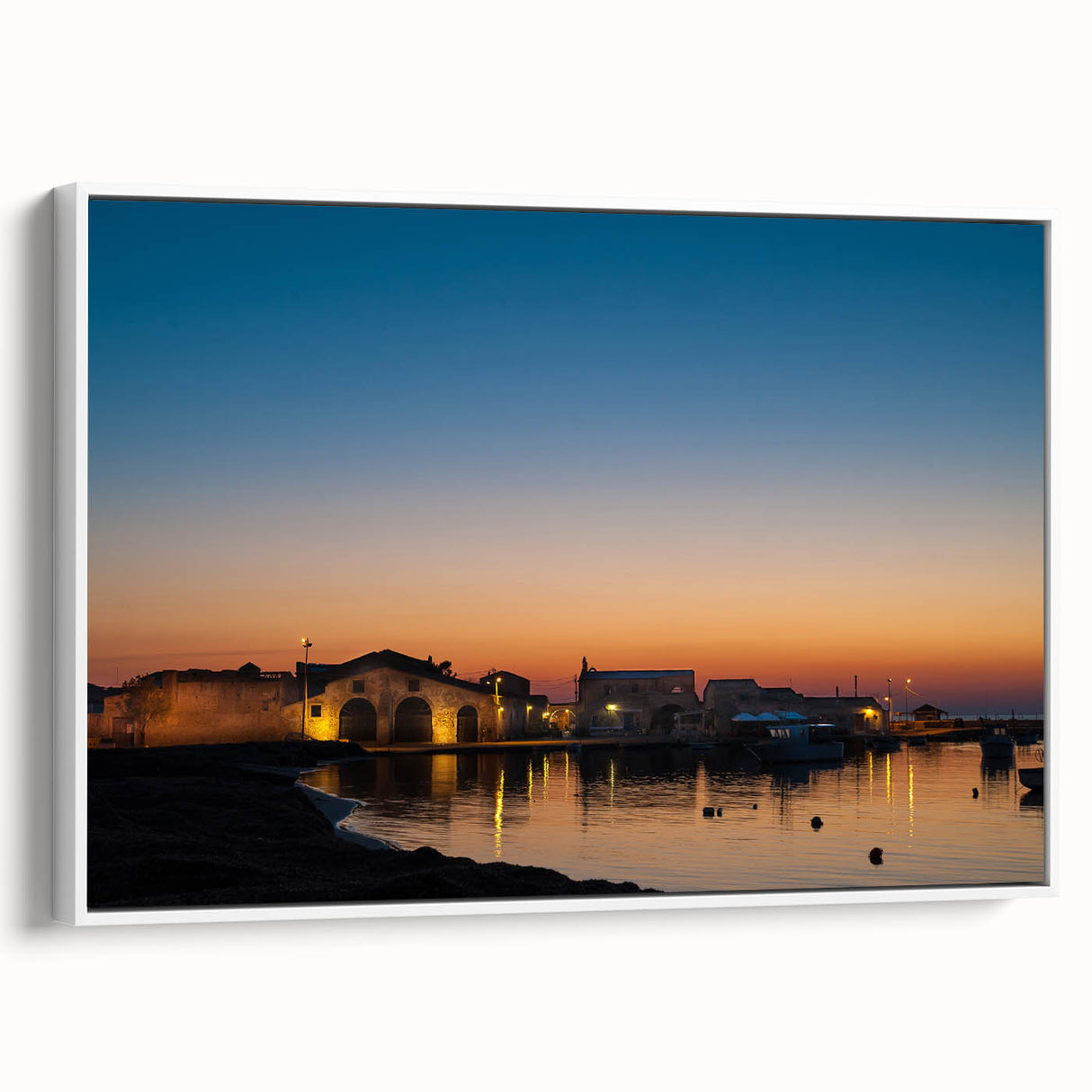 Vintage poster art of a Sicilian landscape on framed canvas, featuring vibrant colorful art, ideal for living room decor.