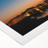 Art deco poster of a Sicilian landscape with muted earth tones on rolled canvas, suitable for dining room decor.