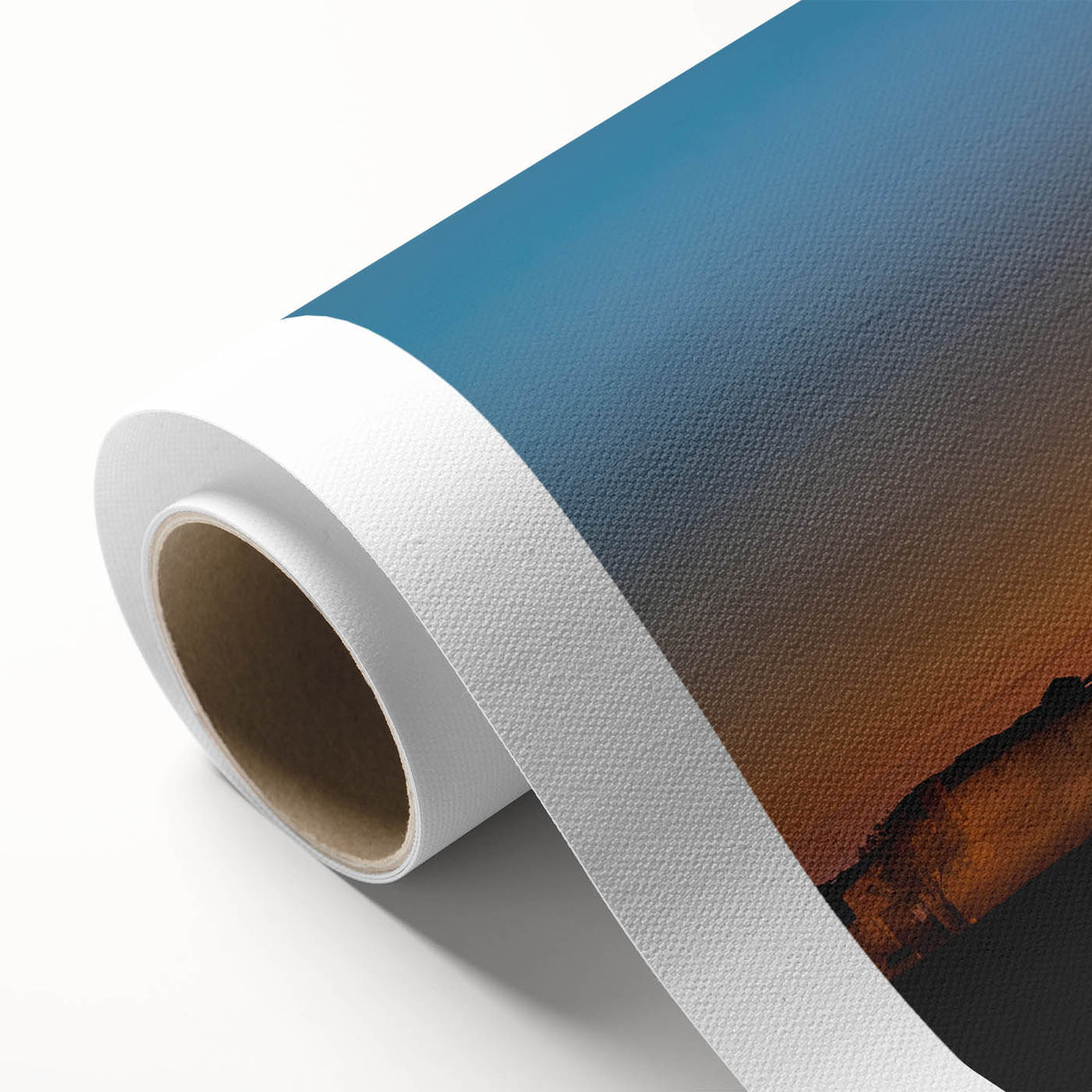 Art deco poster of Sicilian landscape on rolled canvas, in muted earth tones, ideal for nursery wall art.