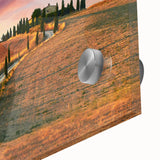 Large abstract wall art of the Tuscan landscape in muted earth tones on acrylic glass, ideal for dining room ambiance.