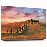 Acrylic print of a Tuscan landscape with soft green and yellow tones, ideal for dining room decor.