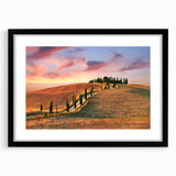Textured abstract art print of Tuscany scenery in vibrant colors on a large framed canvas, ideal for living room decor.