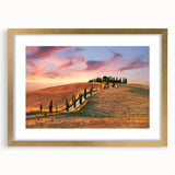 Abstract art print of a Tuscan landscape in muted earth tones on a framed canvas, ideal for dining room decor.