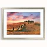 Textured abstract art print of a Tuscan landscape in muted earth tones on a large framed canvas, ideal for living room decor.