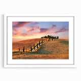 Textured art print depicting an abstract Tuscan landscape in earth tones on a white framed canvas.