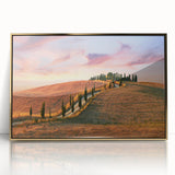 Framed acrylic print of a Tuscan landscape in muted earth tones, suitable for modern art wall decor or nursery.