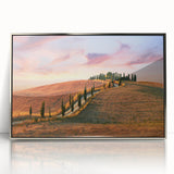 Framed acrylic print of a Tuscan landscape in earthy tones, ideal for modern art wall decor.