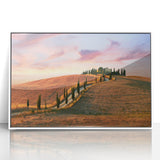 Mid-century modernist art depicting a Tuscan landscape in acrylic, framed in white, ideal for nursery wall art.