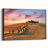 Black and white framed canvas of a Tuscan landscape, ideal for bedroom decor, featuring vintage poster art style.