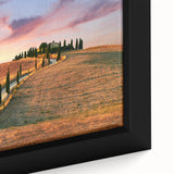 Extra large framed canvas of a textured Tuscany landscape in black with vibrant color accents, ideal for living room decor.