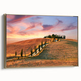 Framed canvas wall art featuring a vintage-style Tuscan landscape with muted earth tones, ideal for bedroom decor.