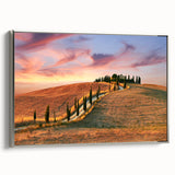 Framed canvas featuring a vintage landscape art painting of Tuscany with muted earth tones, ideal for dining room decor.