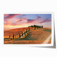 Rolled print of a Tuscan landscape with vibrant green fields and a clear sky, ideal for dining room wall art.